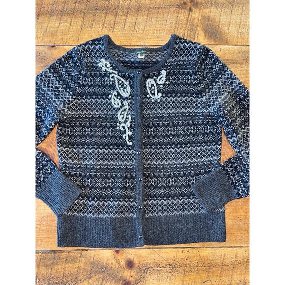 Womens Eddie Bauer Gray Lambs Wool Cashmere Button Down Cardigan Beads Large - Picture 1 of 8